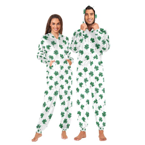 Adult Christmas Onesie Four Leaf Clover Art Adult Zipper One-Piece Pajamas Unisex Pajamas with Pockets