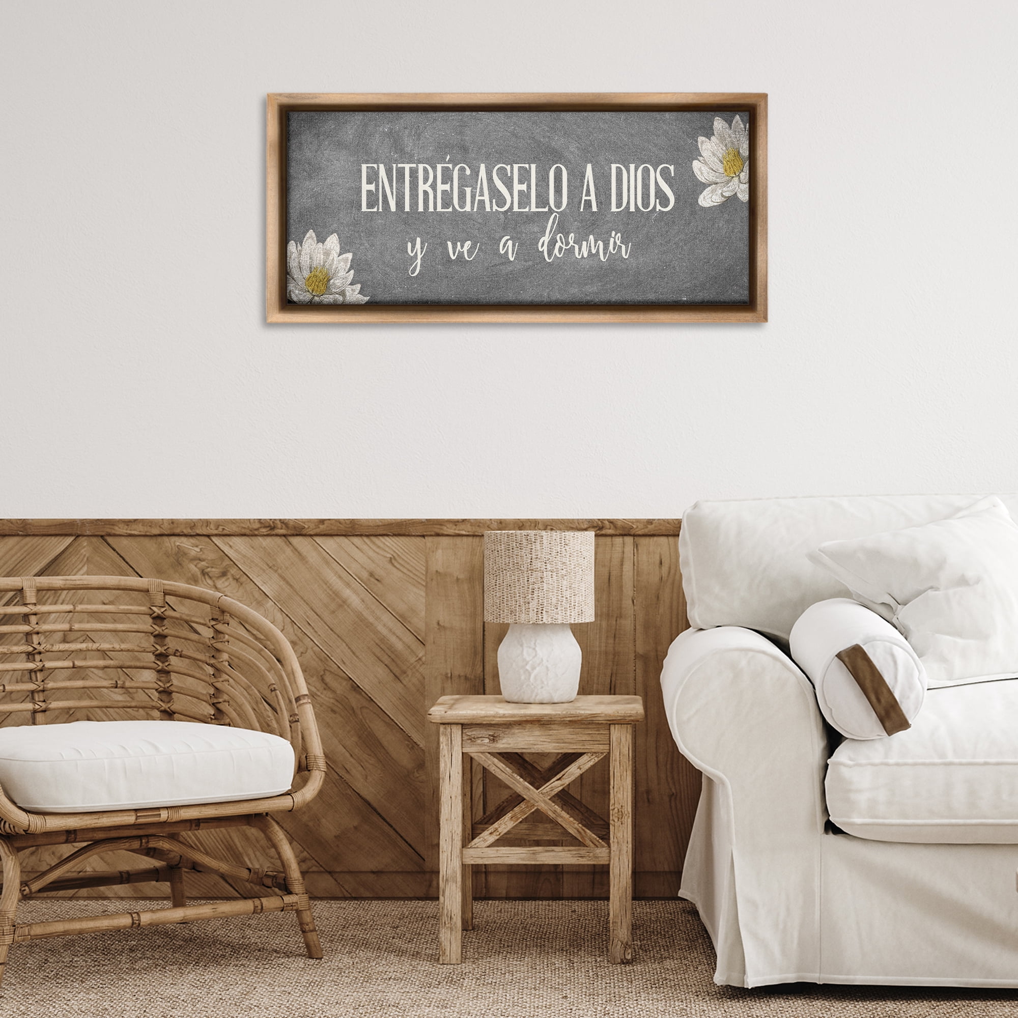 Stupell Industries Entrégaselo a Dios y Descansa Religious Quotes and Sayings Painting Brown Floater Framed Art Print Wall Art, 31 x 14