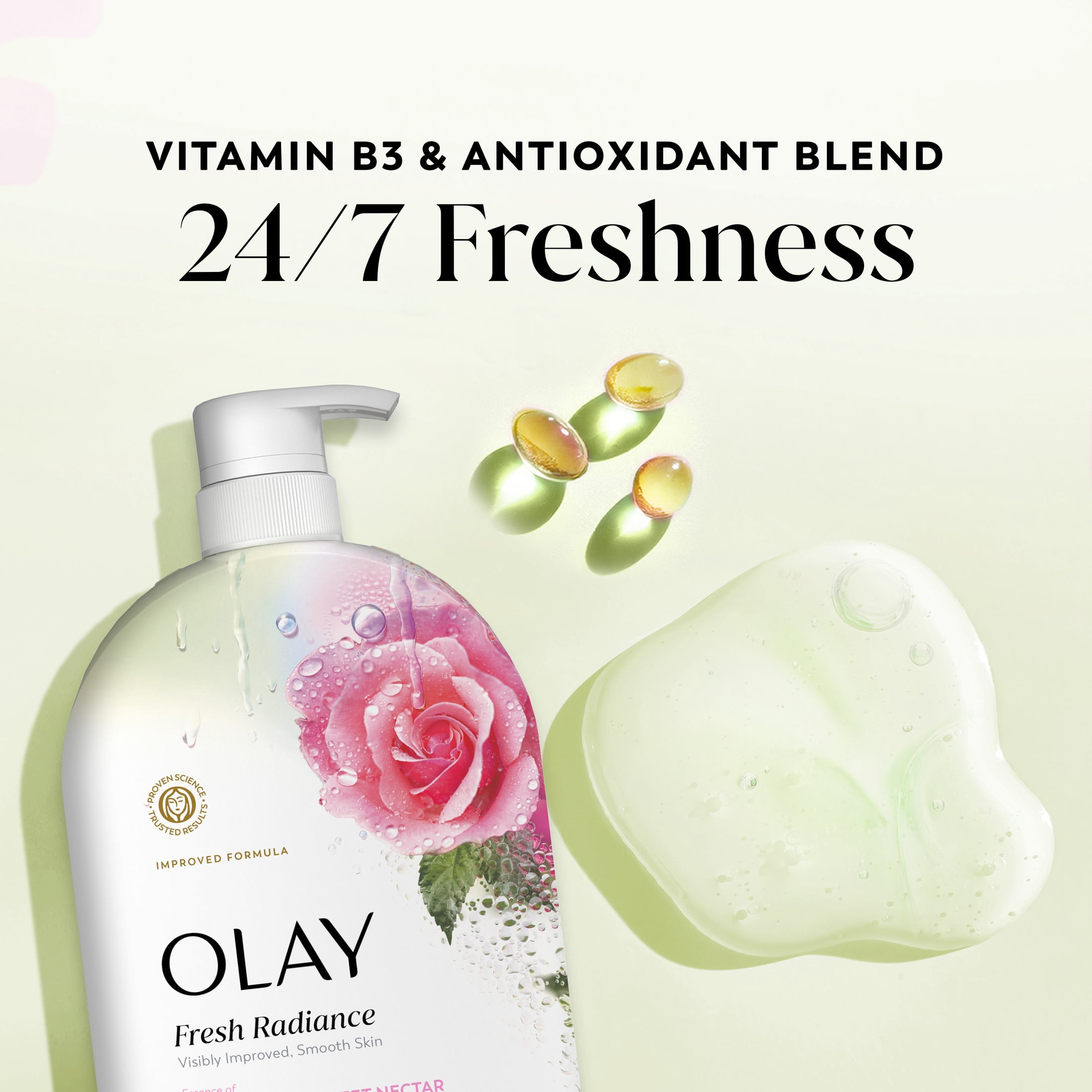 (4 pack) Olay Fresh Radiance Body Wash, Rose Water & Sweet Nectar, with Vitamin B3, 35oz