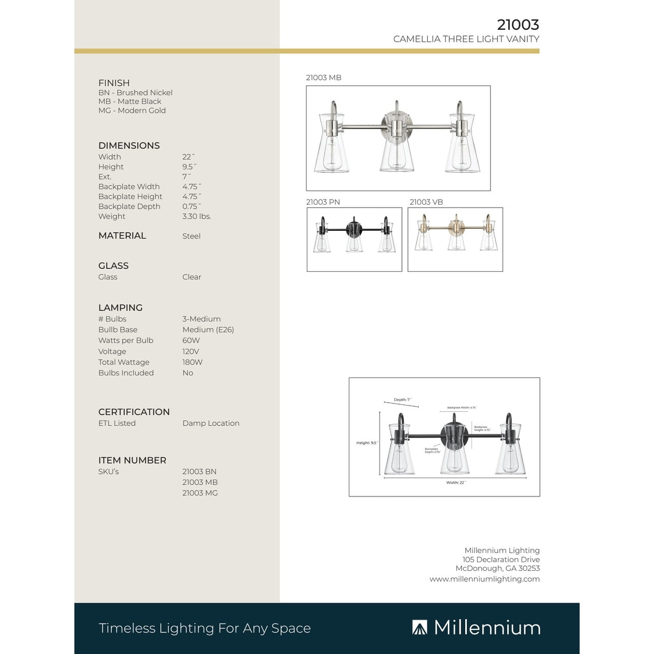 Millennium Lighting  Camellia 2/3/4 Light Vanity Fixture 3 Light - Matte Black