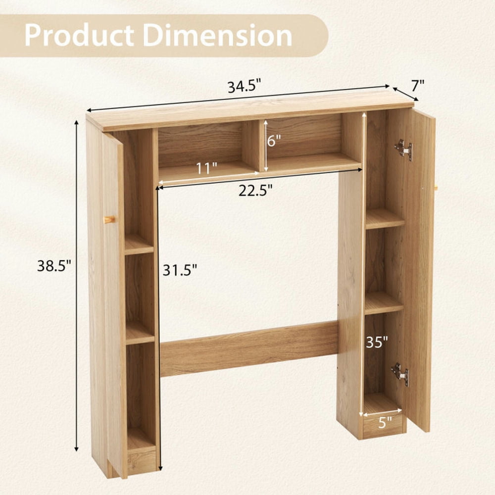 Finihen Toilet Storage Cabinet, Bathroom Cabinet Organizer, Over The Toilet Storage Cabinet with 2 Open Compartments and 4 Adjustable Shelves, for Bathroom, Natural