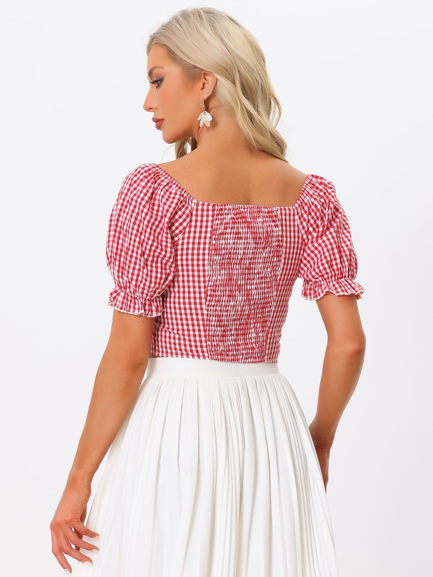 DARING DIVA Women's Smocked Crop Gingham Blouse Top XL Red