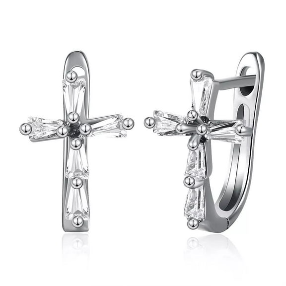 Rose Gold Platinum Plated Earrings Aaa Zircon Latch Back Cross .4" L274