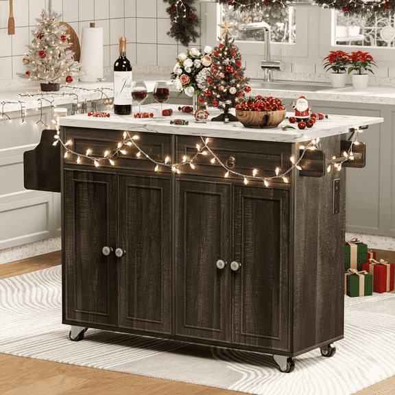 Farmhouse Kitchen Island Cart with Foldbale Tabletop and Power Outlet, Portable Rolling Kitchen Island with Locking Wheels, Spice Rack & Storage Cabinet, Retro Brown