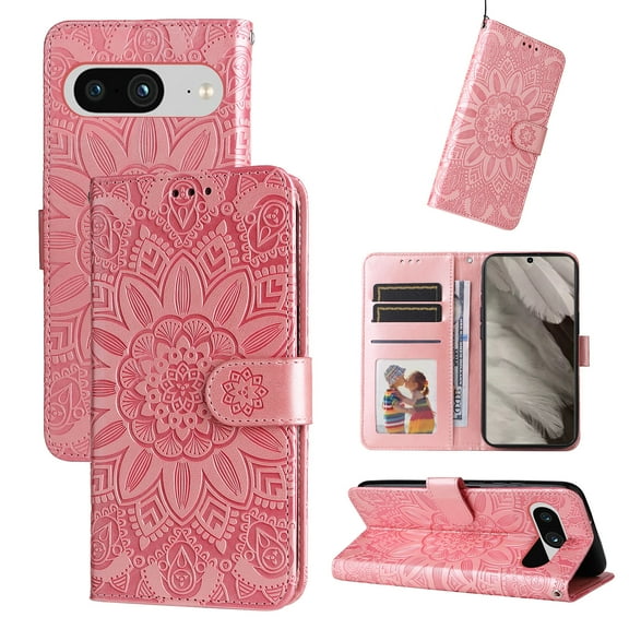 Dteck for Google Pixel 7 Wallet Wireless Charging Case, Shockproof PU Leather Protective Case Emboss Sunflower Folio Magnetic Card Slots Holder Kickstand Wrist Strap Flip Case, rosegold