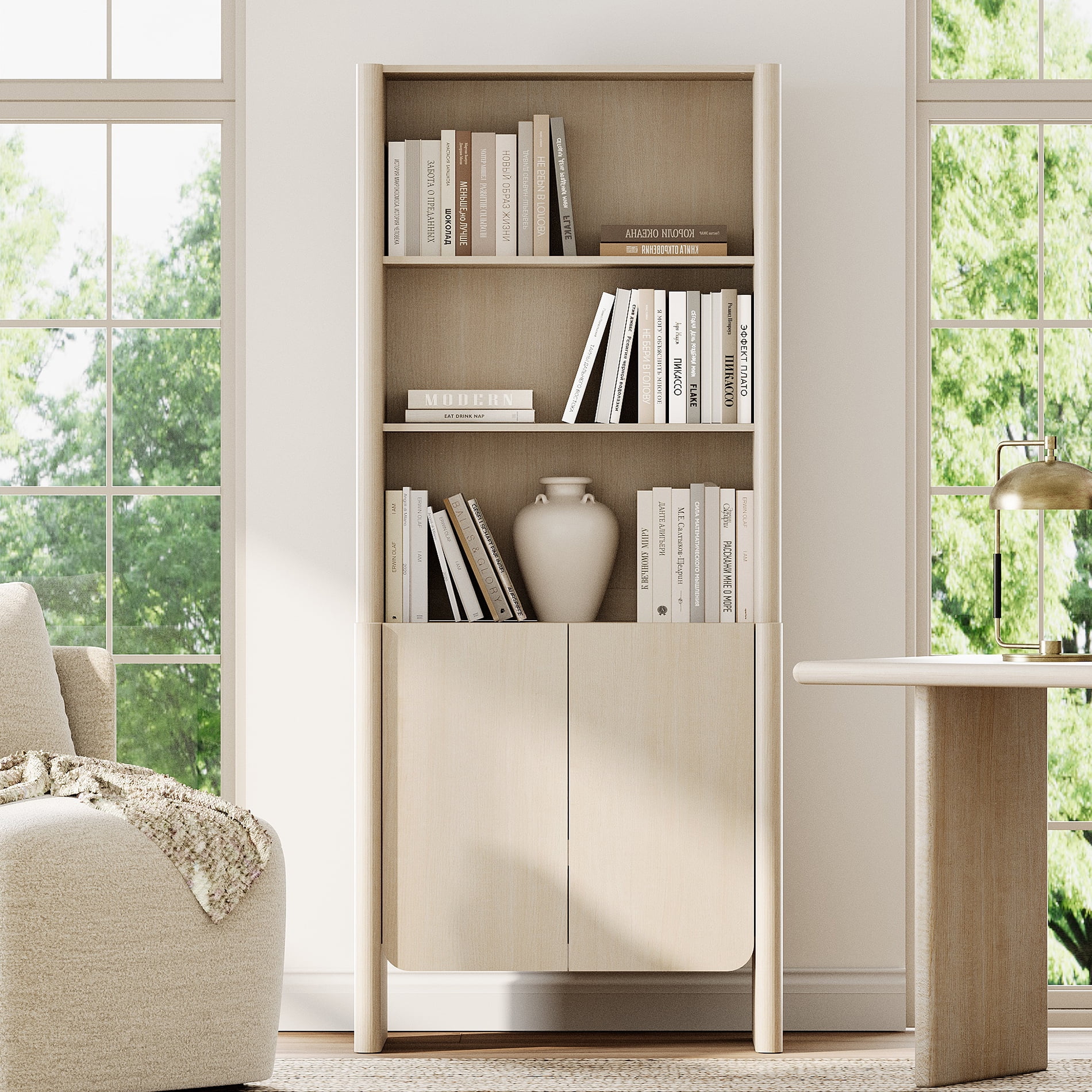 31.5-Inch Modern French Bookcase with Curved Edges, Cabinet Doors and Open Shelves, 72.8" Tall, Beige
