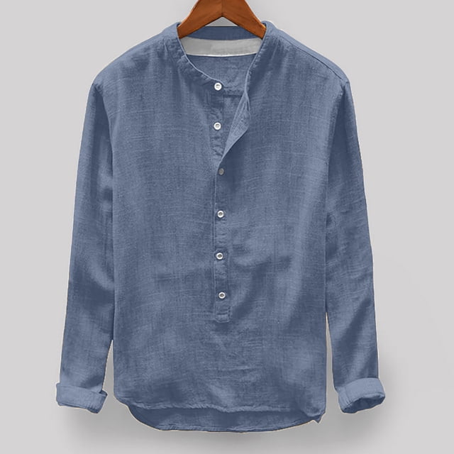 Blusas y camisas de manga larga con cuello redondo para hombre, blusa informal lisa con botones y manga larga con cuello redondo, blusa para hombre