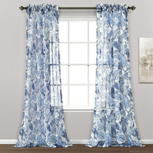 Cynthia Jacobean Sheer Window Curtain Panels Blue 52X84+2 Set Walmart