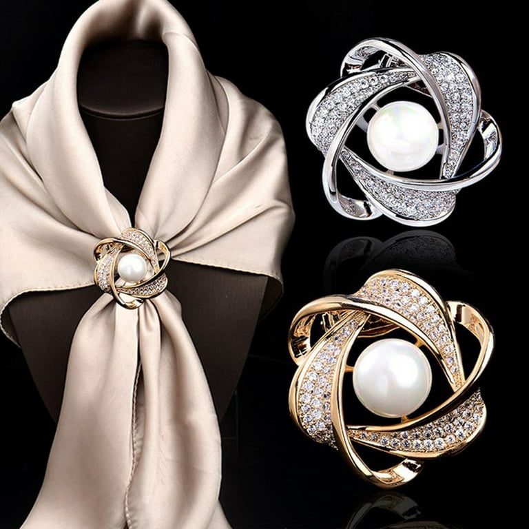 Women's Silk Scarf Clip Rhinestone Pearl Brooch Crystal Shawl Buckle Pin  Jewelry