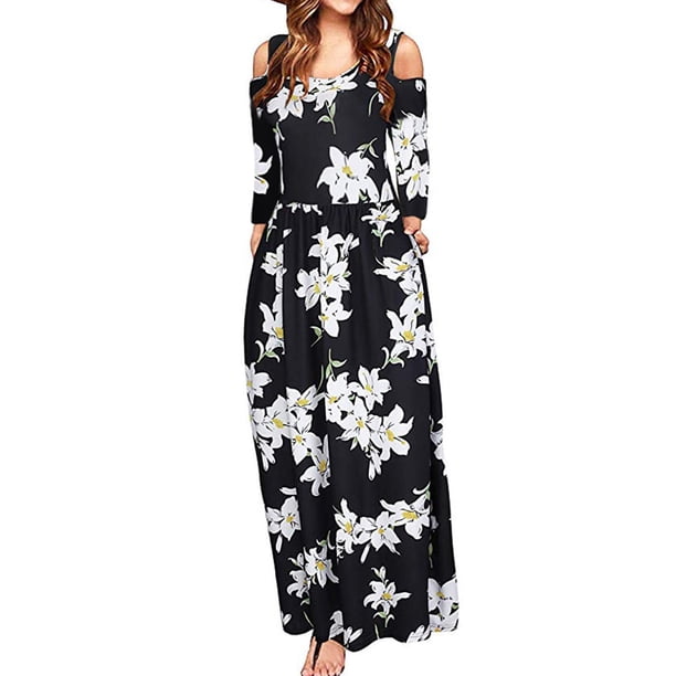 Vestido largo casual con cuello redondo para mujer Vestido de manga larga sin tirantes con estampado de moda Pompotops hdfakjf96