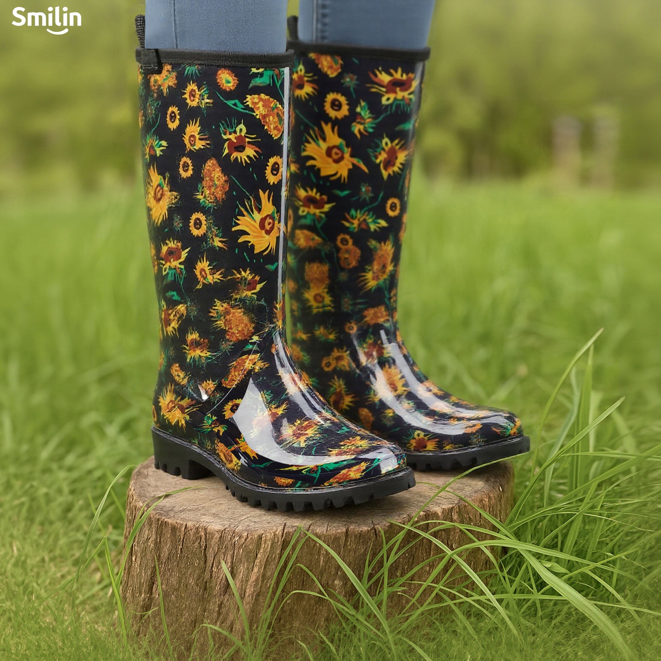 SMILIN Colorful Rain Boots for Women,Mid-Calf Waterproof Anti-Slip Slim Calf Garden Shoes,Black Sunflower,US Size 11