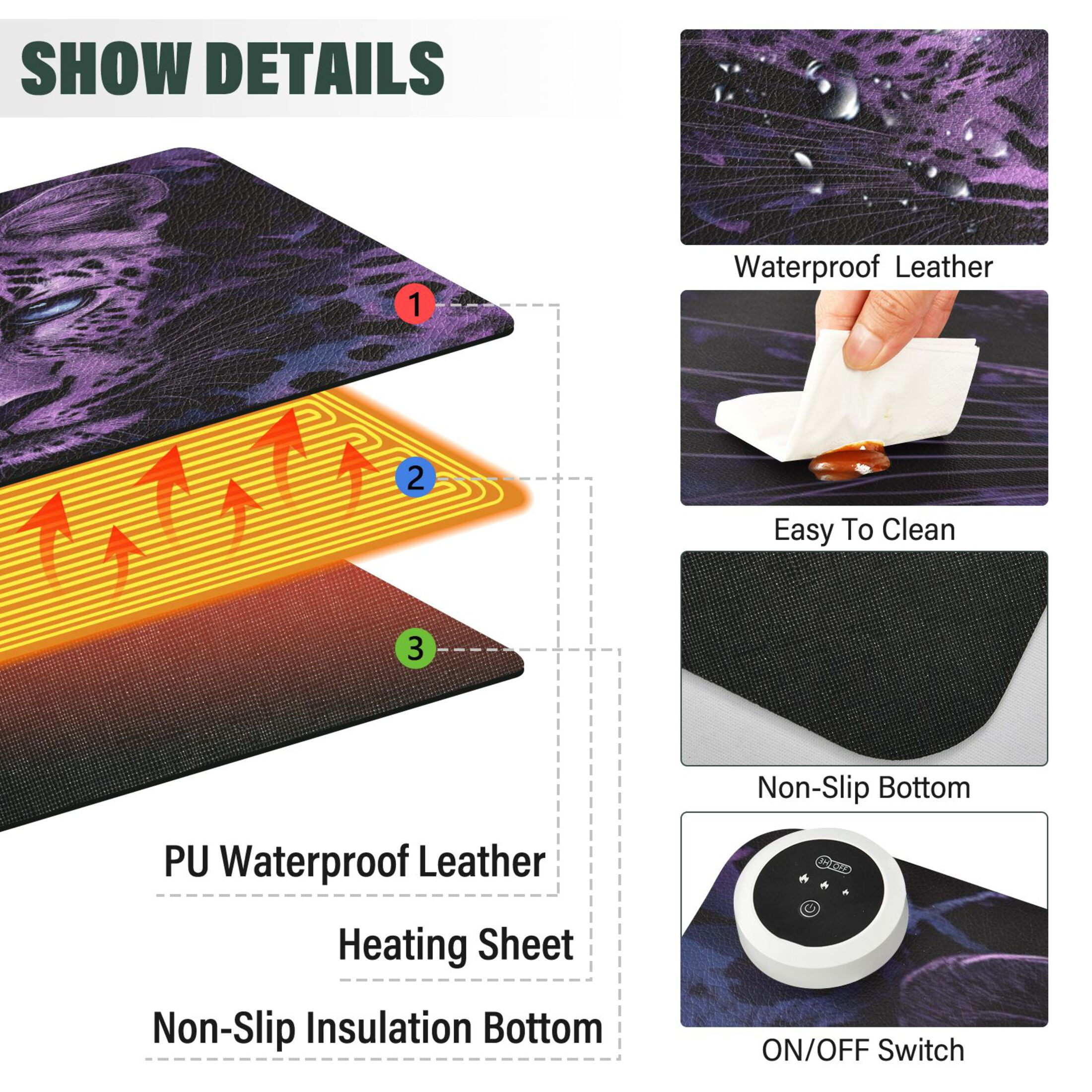 Wobogo Purple Leopard Heated Mouse Pad Extra-Large Desk Mat With 3 Heating Levels and 3-hour Auto Shut-Off Protection Ideal for Computer Keyboards Home Office Hand-warming Essential 31.5in × 13in