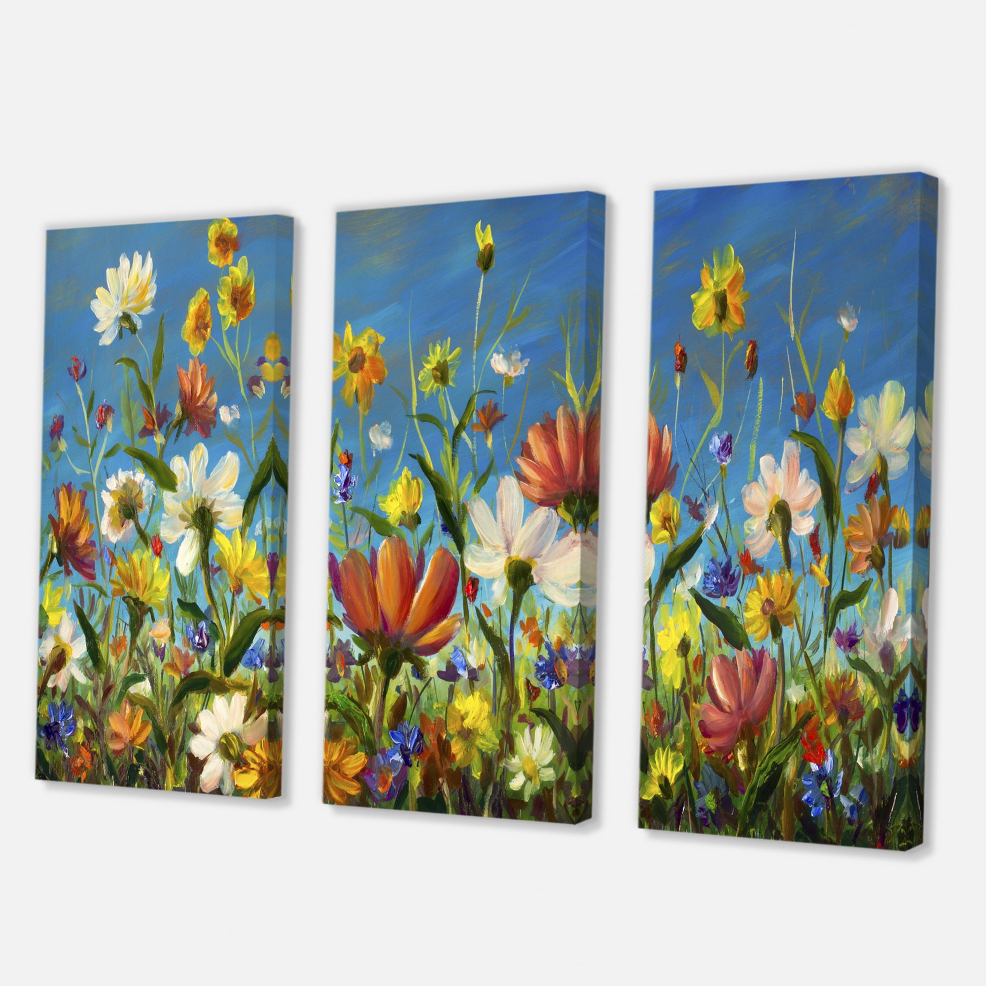 Beautiful Field Flowers In Nature 28 in x 36 in Painting Canvas Art Print, by Designart Set of 3