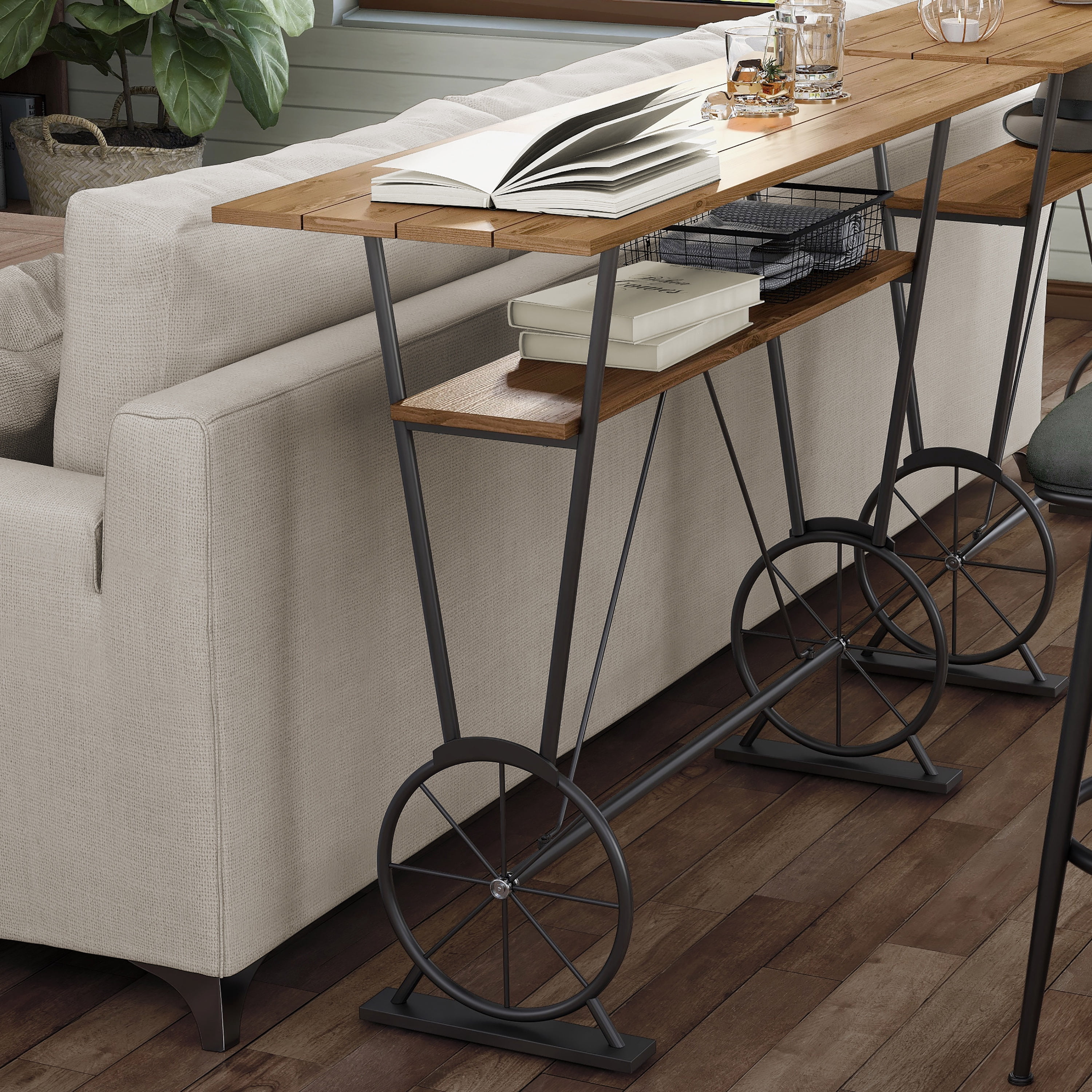 Lodz 1-Shelf Metal Bar Table, Warm Oak and Black