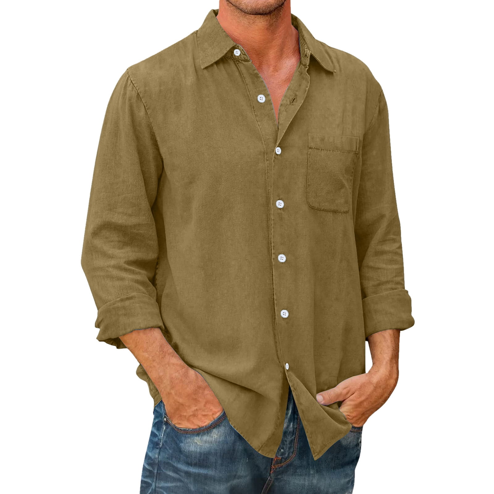 Male Casual Autumn Solid Cotton Pocket Shirt Turn Down Collar Button ...