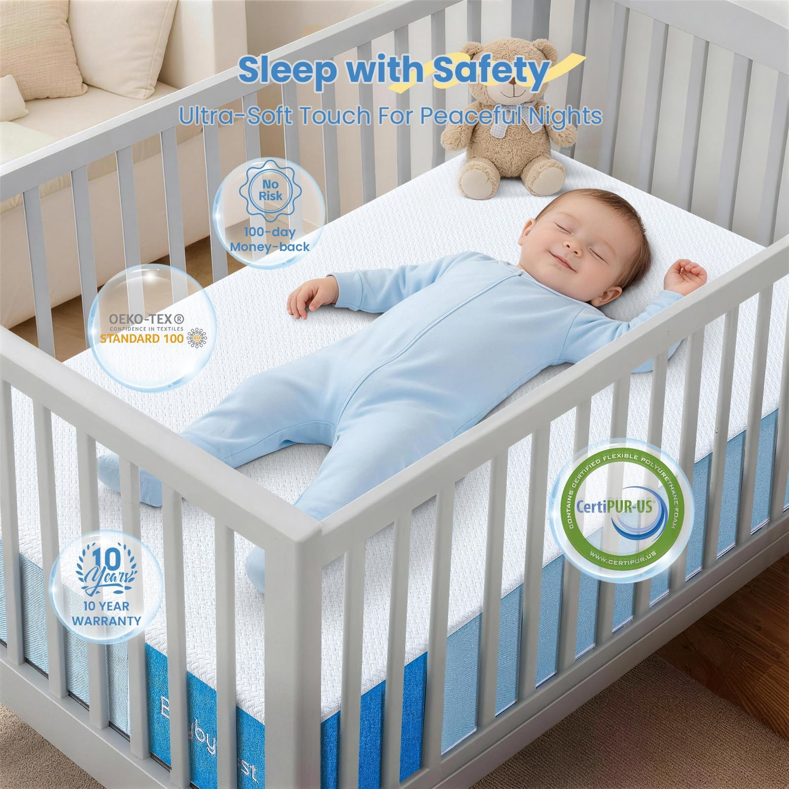 BaybyNest Crib Mattress 52"x27.5"x6" Crib Mattress, Dual-Sided 100% Knitted Fabric Moisture-Non-Toxic Wicking Cover