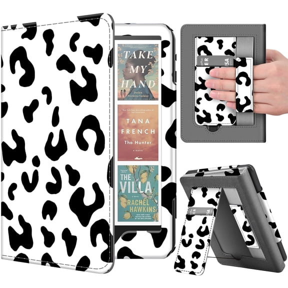 Stand Case for Kindle Paperwhite 12th Generation 2024 / Kindle Colorsoft Signature Edition with Hand Strap & Card Slot - 7" PU Leather Protective Folio Cover with Auto Wake/Sleep, Cow Print