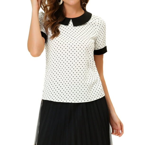 INSPIRAR CHIC Blusas de Manga Corta con Cuello Peter Pan en Contraste y Lunares 2XL Blanca