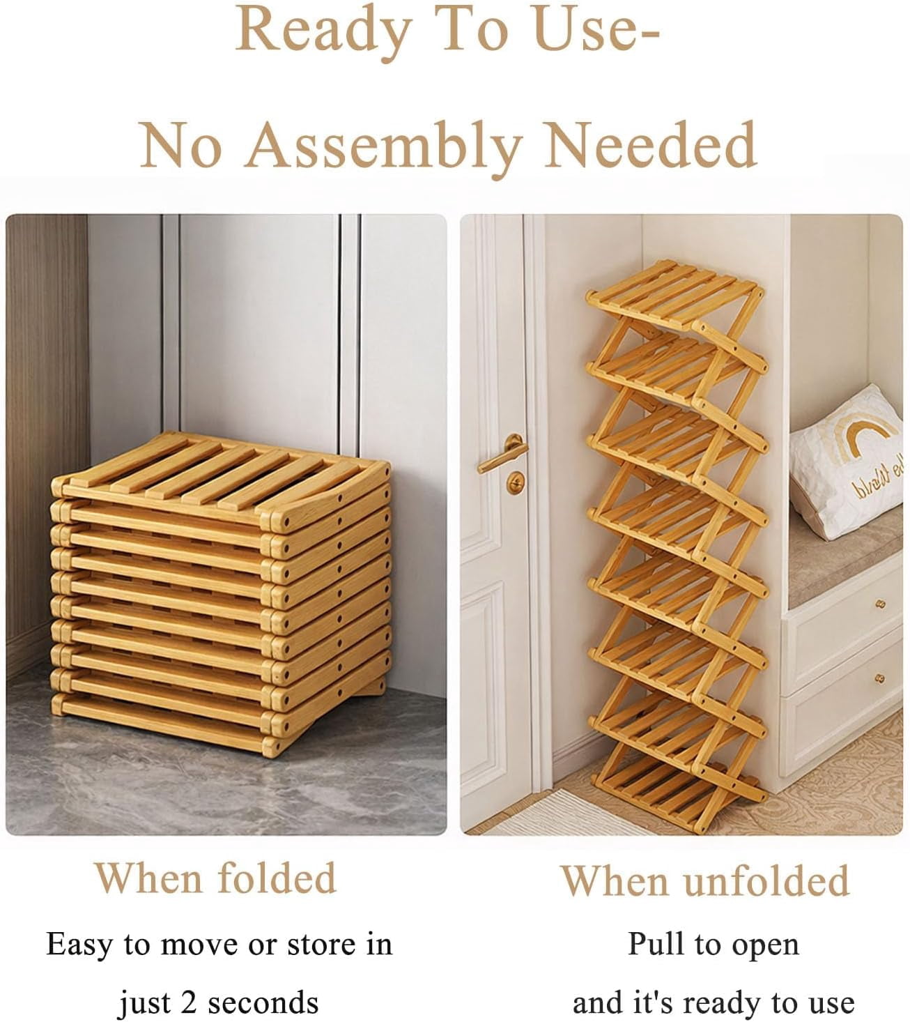 The 9-Tier No-Assembly Bamboo Rack, 2026 Upgraded Foldable 9 Tier Bamboo Corner Shoe Rack, Space-Saving Organizer for Shoes, No Assembly Narrow Shoe Shelf for Entryway Closet Dorm
