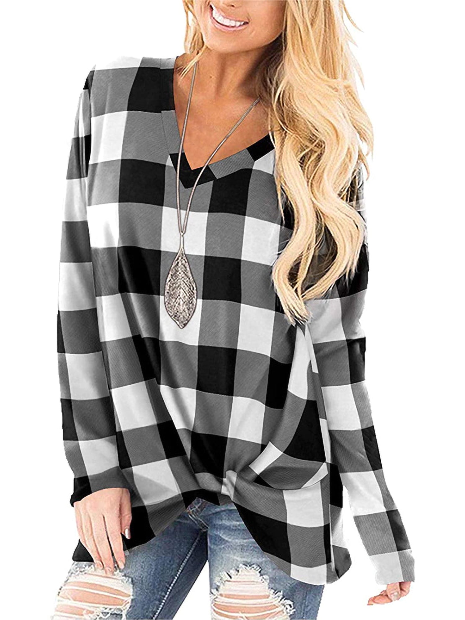 Women Plaid Long Sleeve Twist Waffle T 