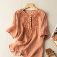 thumbnail image 3 of Blouses for Women Dressy Casual Summer Linen Shirts Retro Leaf Embroidered Round Neck Loose Tee Shirts Casual Tunic Tops Orange L, 3 of 5