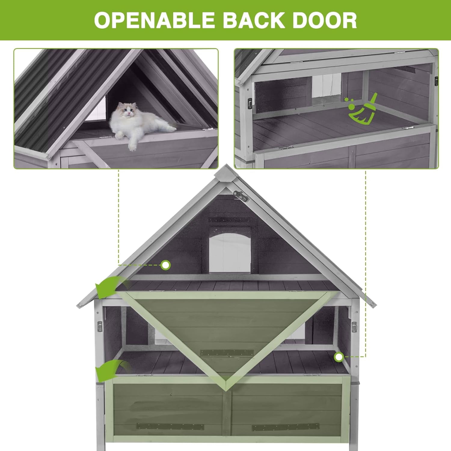 Aivituvin Outdoor Cat House Weatherproof Large Feral Cat Shelter with 2-Layer, Wooden Cat Condo with Balcony, Escape Doors and Openable Back Door for Multiple Cats Indoor