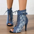thumbnail image 7 of XIMIN Women's Peep Toe Denim Stilettos Heels Sandals Heel Zipper Fashion Comfortable Lace-up Fish Mouth Fashion Sandals Evening Dress Party High Top Sandals, 7 of 7