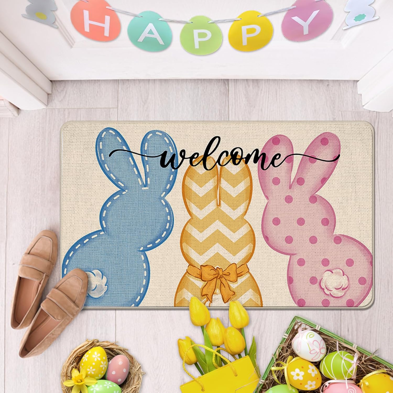 Welcome Easter Peeps Bunny Decorative Front Door Mat, Cute Rabbit Doormat Indoor Outdoor Non-Slip Floor Entryway Rug, Spring Home Kitchen Decoration 17x30 Inch
