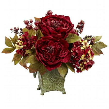 Peony and Hydrangea Silk Flower Arrangement The perfect blend of compact size and beautiful holiday color  this red / gold Peony Hydrangea combination will add to the festivities  whether it s displayed in your home or office. The big red blooms  smaller petals  gold-hued leaves  and perky berries make this an arrangement that will look great on any holiday table. Makes a great gift was well. Item Color: Red Item Height: 14 in Item Width: 17 in Item Depth: 14 in- SKU: ZX9NRN375