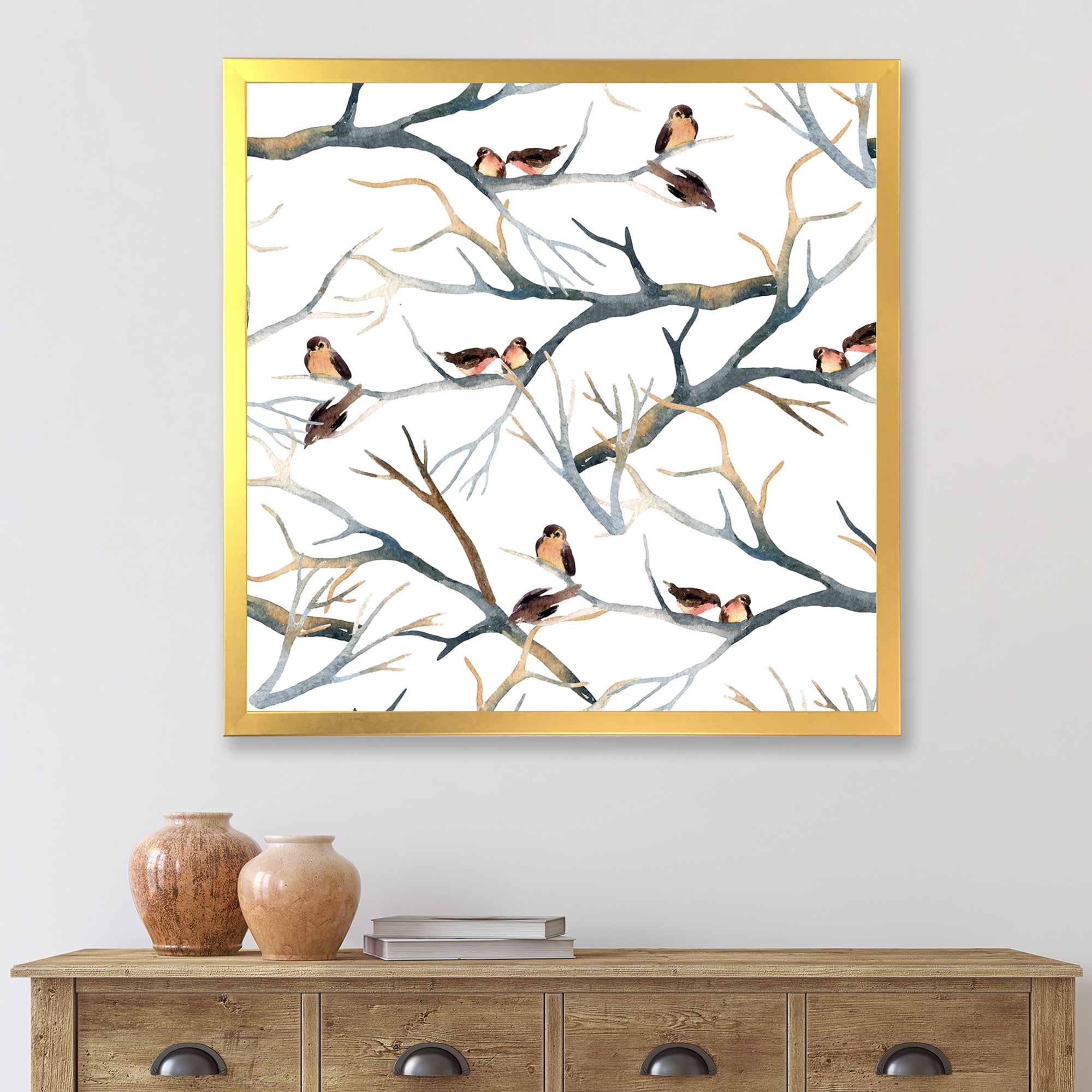 Designart 'Little Birds Sitting On The Tree Branches I' Traditional Framed Art Print
