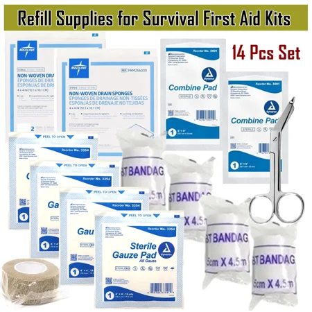 14 pcs First Aid Survival Kit Portable Compact First Aid Kit Quick Fix Kit for On the Go Emergency Supplies Band-aids, Gauze Pads, Scissors