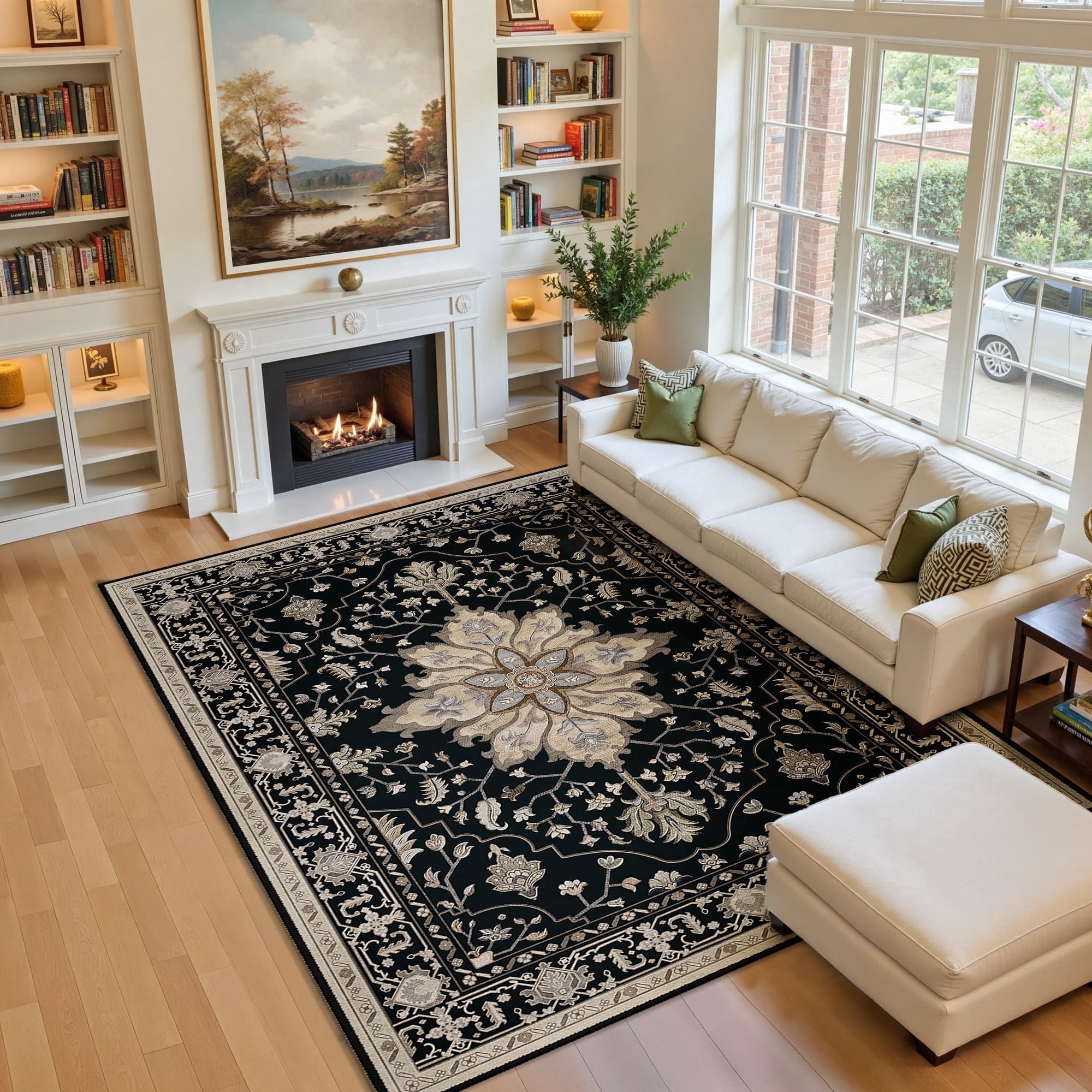 NewBuros 5'x7' Washable Area Rug for Living Room, Non Slip Vintage Distress Print Pattern Floral Rug, Soft Low Pile Indoor Carpet for Bedroom Dining Room, Black
