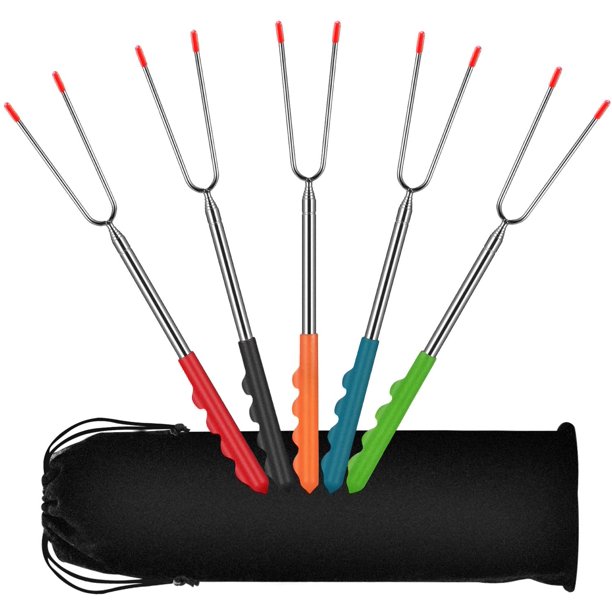 FISHOAKY Brocheta para parrilla de 5 piezas extensible 32cm-115cm, brocheta para parrilla de fogata de acero inoxidable, tenedor para barbacoa Juego de brochetas para barbacoa con mango de goma y bolsa de transporte para barbacoa, camping, malvaviscos, fogata Vhermosa LN-0664