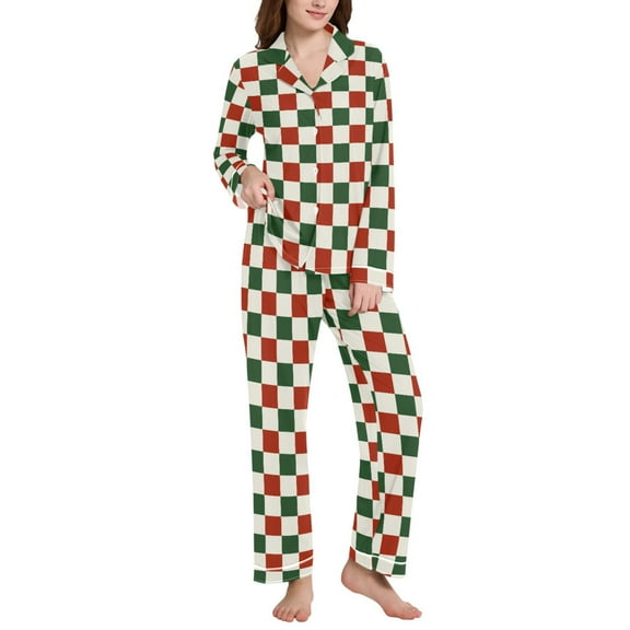 joogoo Pajamas Set for Women Christmas Checkered Grid Long Sleeve Pjs Loungewear L
