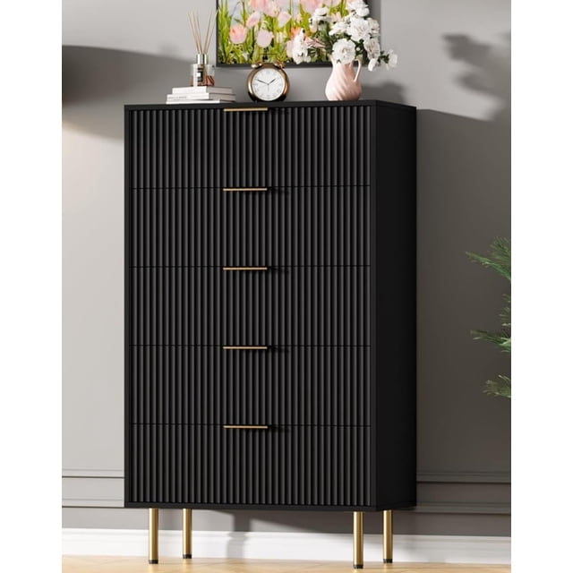 Commode à 5 Tiroirs, Commode Cannelée pour Chambre, Commode Haute de 47,9 Pouces, Commode Haute en Bois avec Poignée en Métal pour Garde-Robe, Salon, Entrée