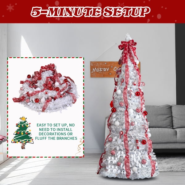 Alvantor 7 ft White Fully Decorated Pre-Lit Pop-Up Artificial Christmas Tree, 170 Warm White LEDs, 8 Modes, Red and White Ornaments