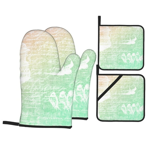 YFYANG Oven Mitts and Pot Holders Sets 4 Pieces, Non-Slip Heat Resistant Green Vintage Bird Texture Kitchen Glove Pot Mat for Cooking and Baking