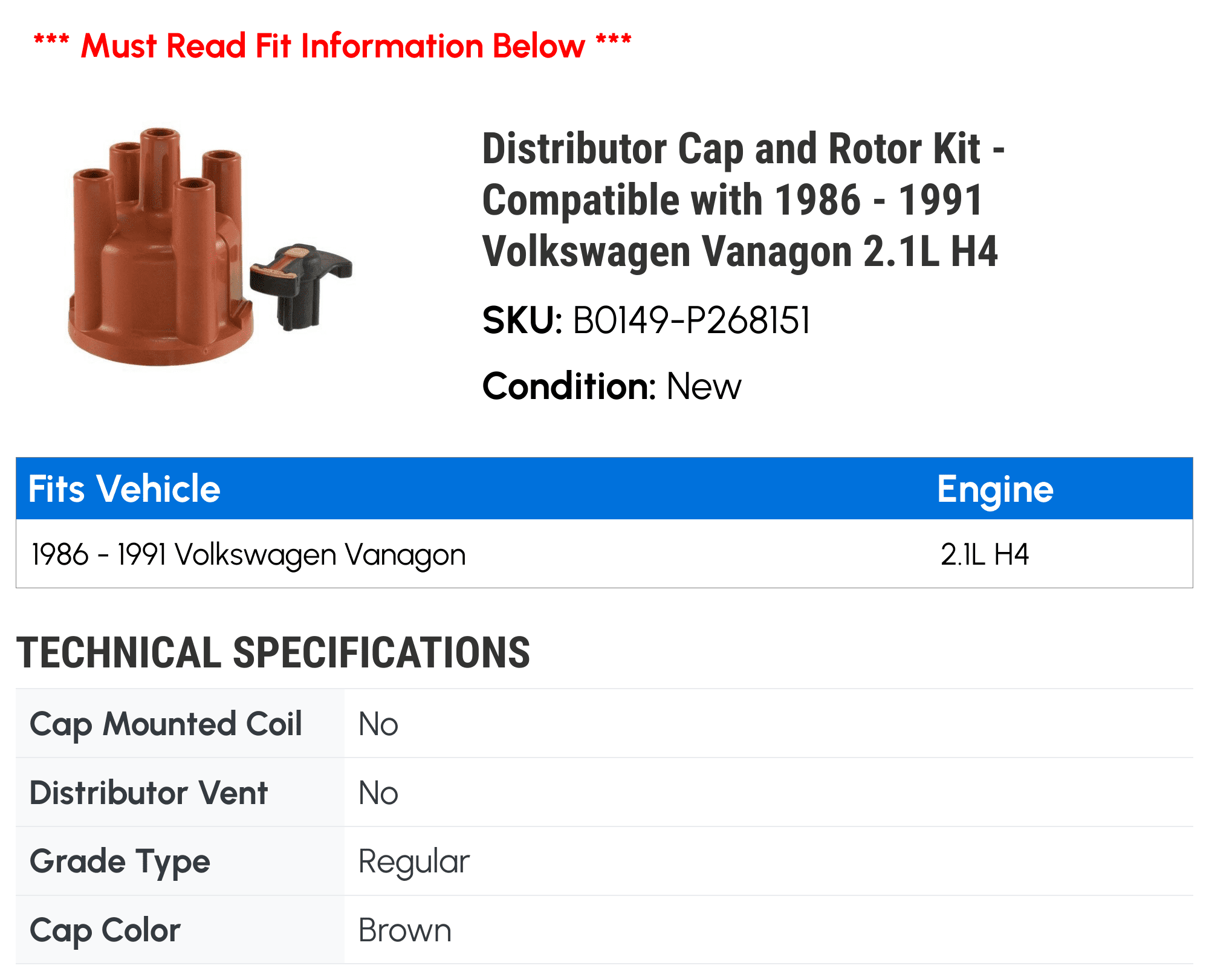 Distributor Cap and Rotor Kit - Compatible with 1986 - 1991 Volkswagen Vanagon 2.1L H4 1987 1988 1989 1990