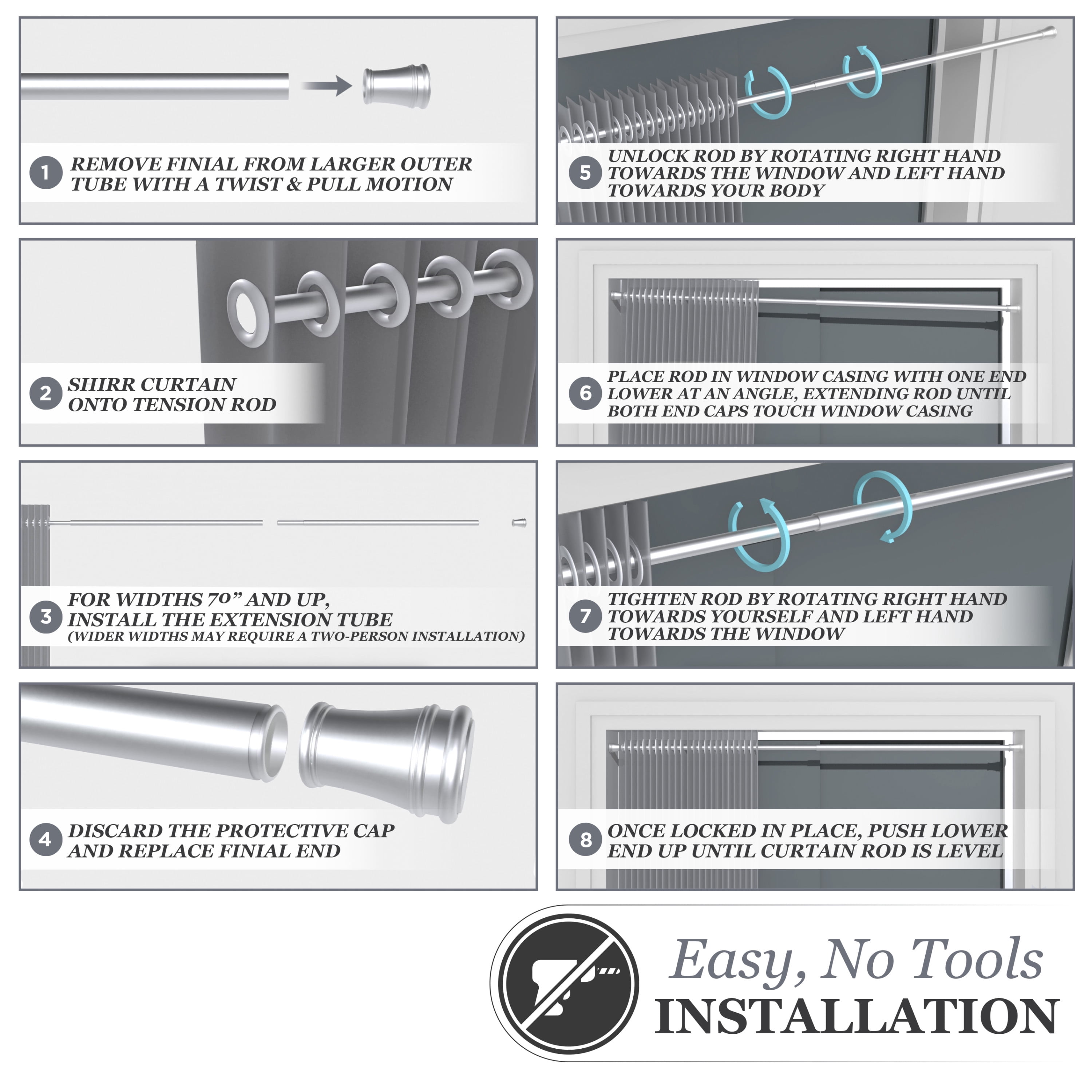 Kenney Nicholas 5/8" Twist & Fit No Tools Adjustable Tension Rod Window Curtain Rod, 48-84", Brushed Nickel