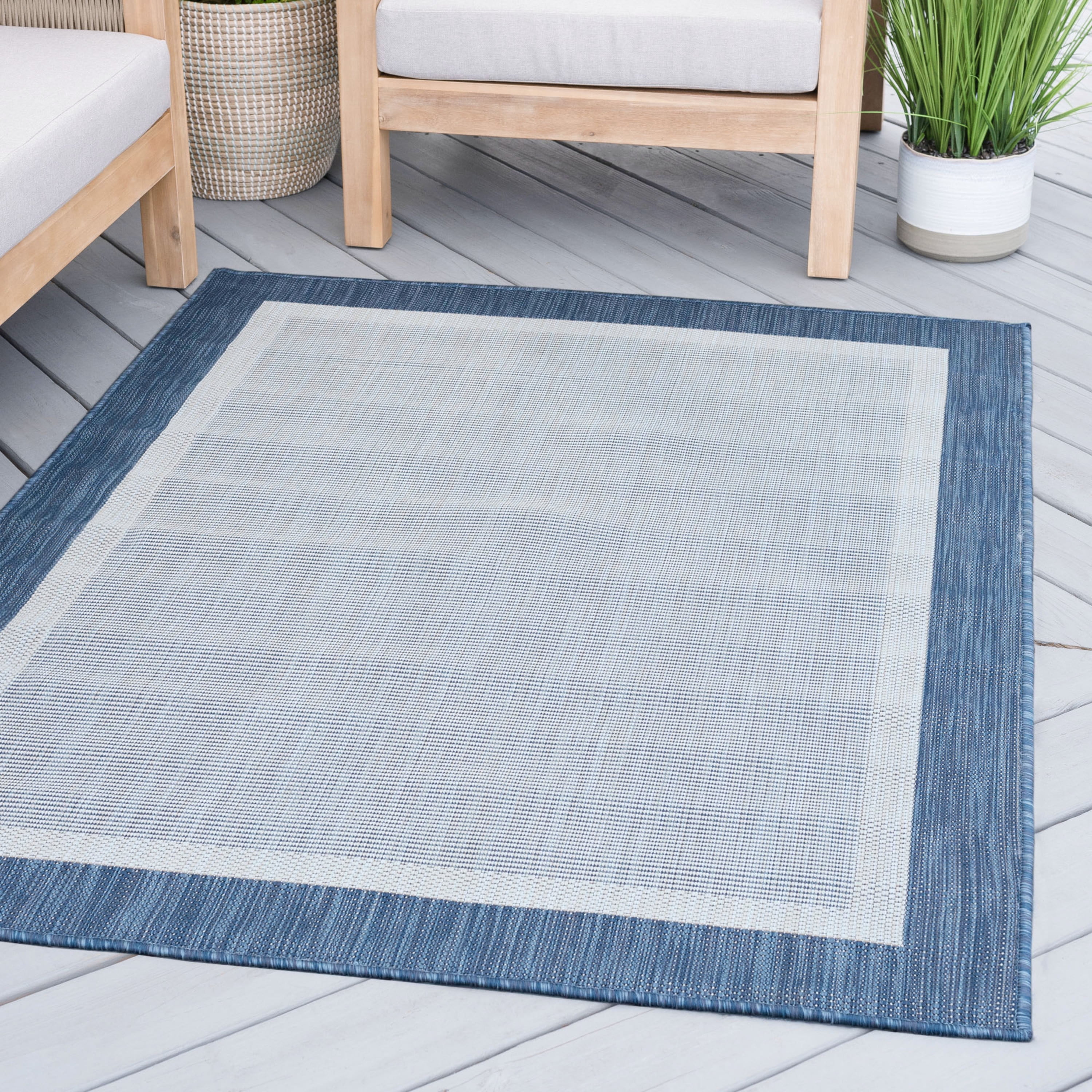 Bliss Rugs Solid Border Indoor Outdoor Rug Water Resistant Runner Rug for Patio, Hallway, Entryway, Deck, Blue ,3' x 10'