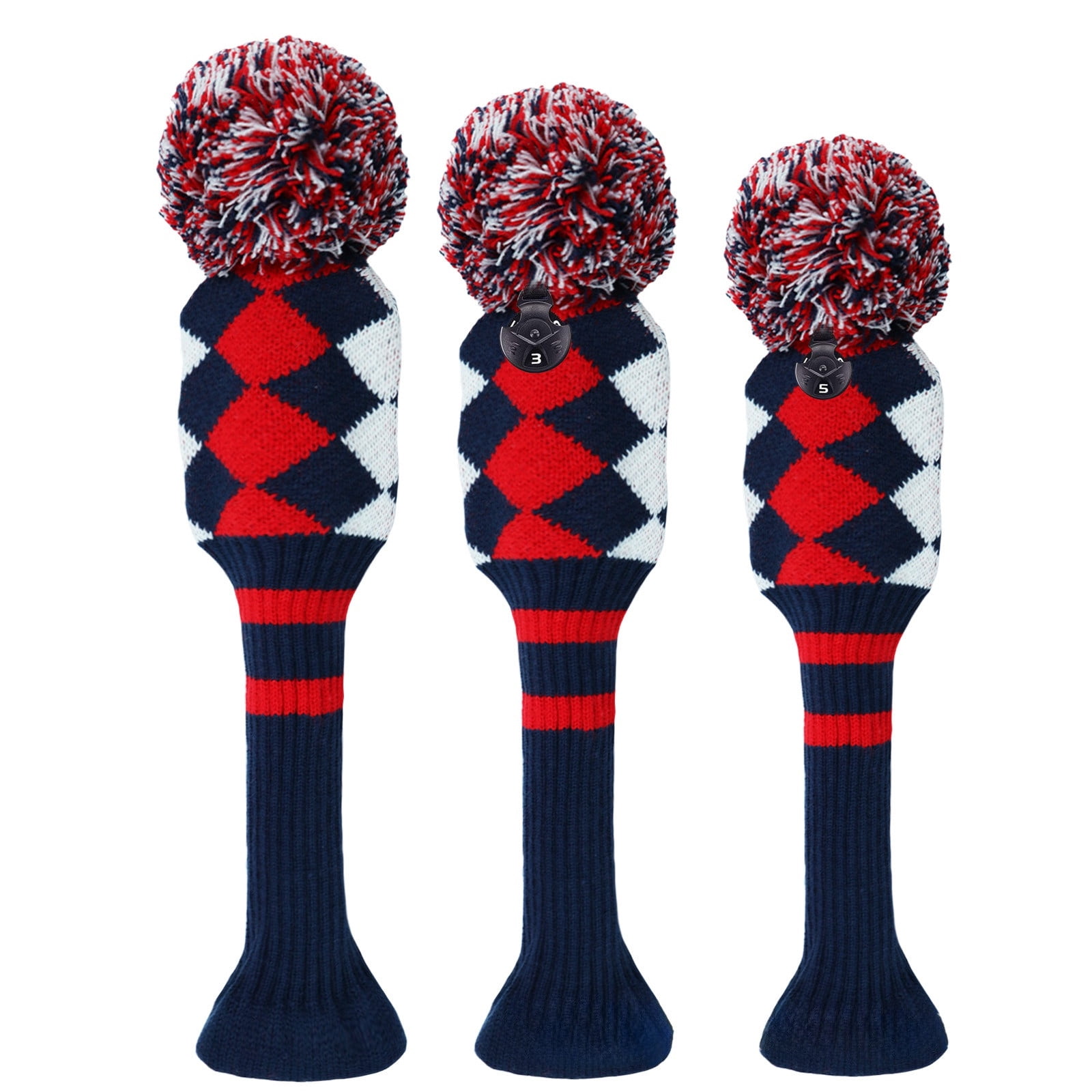 Golf Club Head Covers Set of 3 - Knitted Pom Pom Driver, Fairway & Hybrid Covers - Fits Clubs with Rotating Number Tags - Unisex for Men & Women
