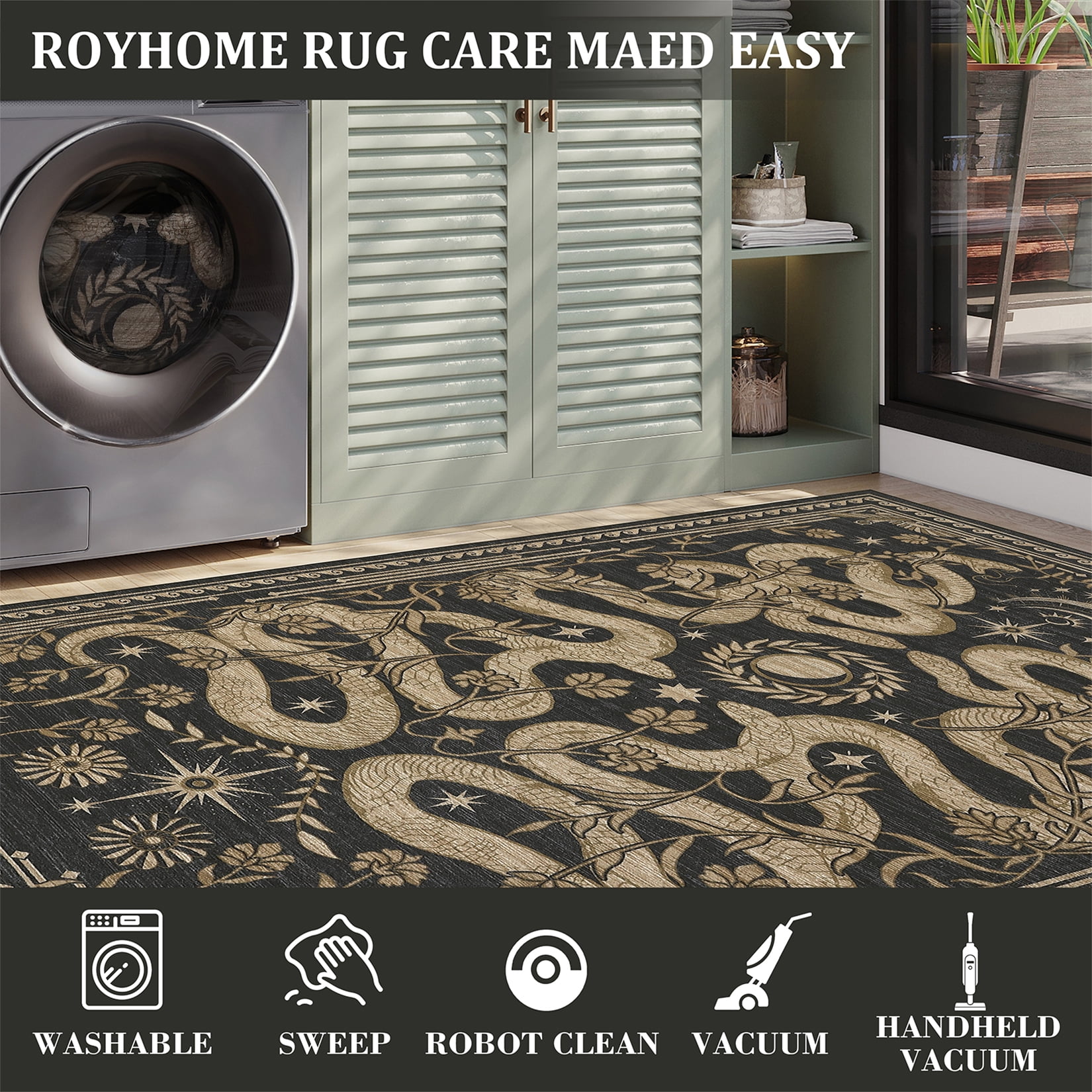 Garvee 5'x7' Modern Snake Printed Area Rug Washable Living Room Rug, Forest Low Pile Stain Resistant Rug Non Slip Carpet for Bedroom Dining Room, Dark Gray