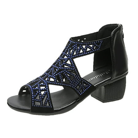 

ZMHEGW Summer New Large Roman Medium Heel Rhinestone Fish Mouth Back Zipper Sandals