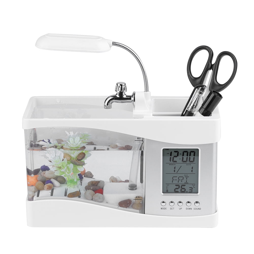 Multifunctional USB Rechargeable Mini Fish Tank Aquarium with Clock Function LED Light White