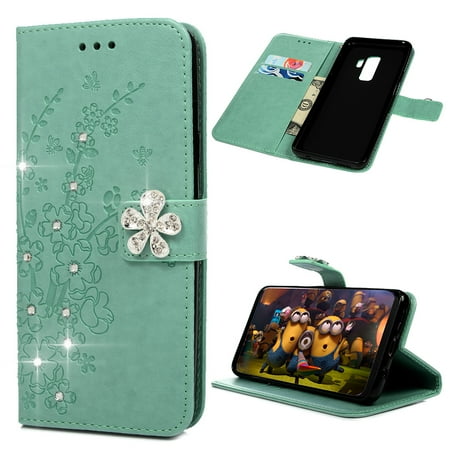 Crystal Magnetic Closure Samsung Galaxy S9 Plus Wallet Case with Magnetic Closure and Inner TPU &Fashion Floral Embossed Bling Crystal Shiny Diamond PU Leather Magnetic Flip Cover Card Holders ()