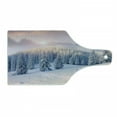 thumbnail image 1 of Mountain Cutting Board, Idyllic Winter Morning in Woodland Rising Sun Pine Trees Forest Snowy Foggy, Tempered Glass Cutting and Serving Board, Wine Bottle Shape, Pale Pink White, by Ambesonne, 1 of 1