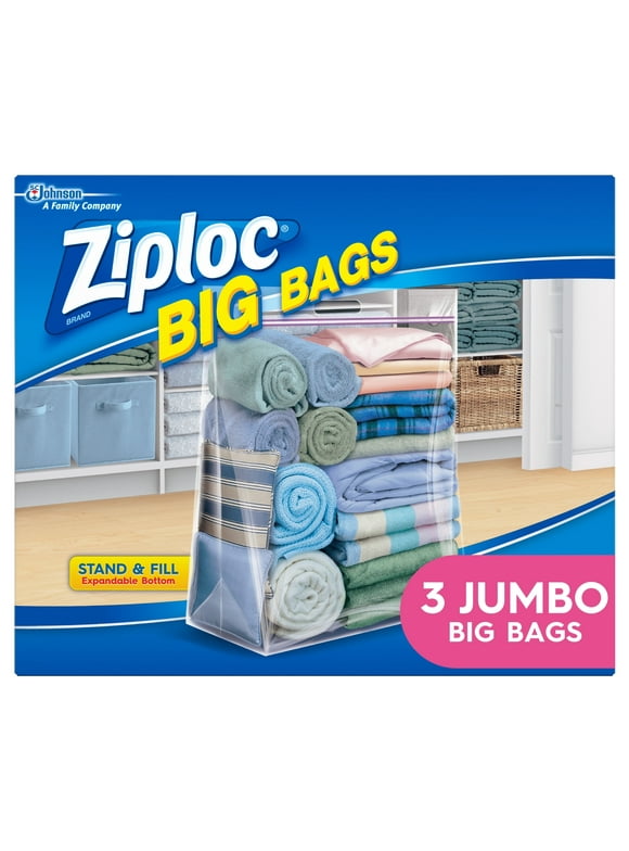 Ziploc Big Bags, Jumbo, Secure Double Zipper, 3 ct, Expandable Bottom, Heavy-Duty Plastic, Built-In Handles, Flexible Shape to Fit Where Storage Boxes Can't