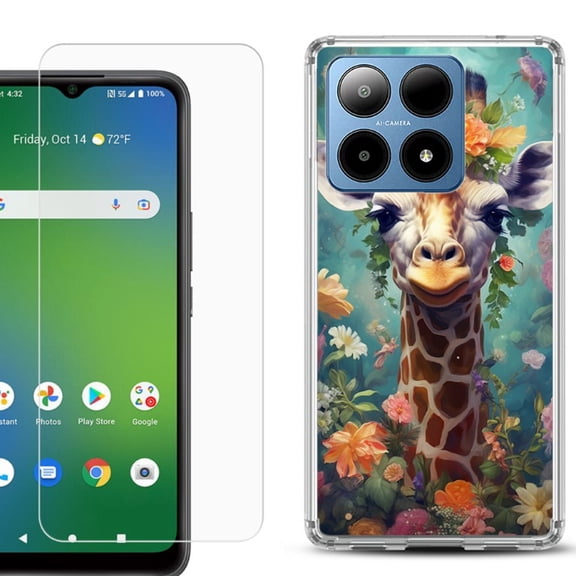 For Boost Mobile Summit 5G Shockproof Phone Case Cover with Tempered Glass Screen Protector, by OneToughShield - Giraffe Flower