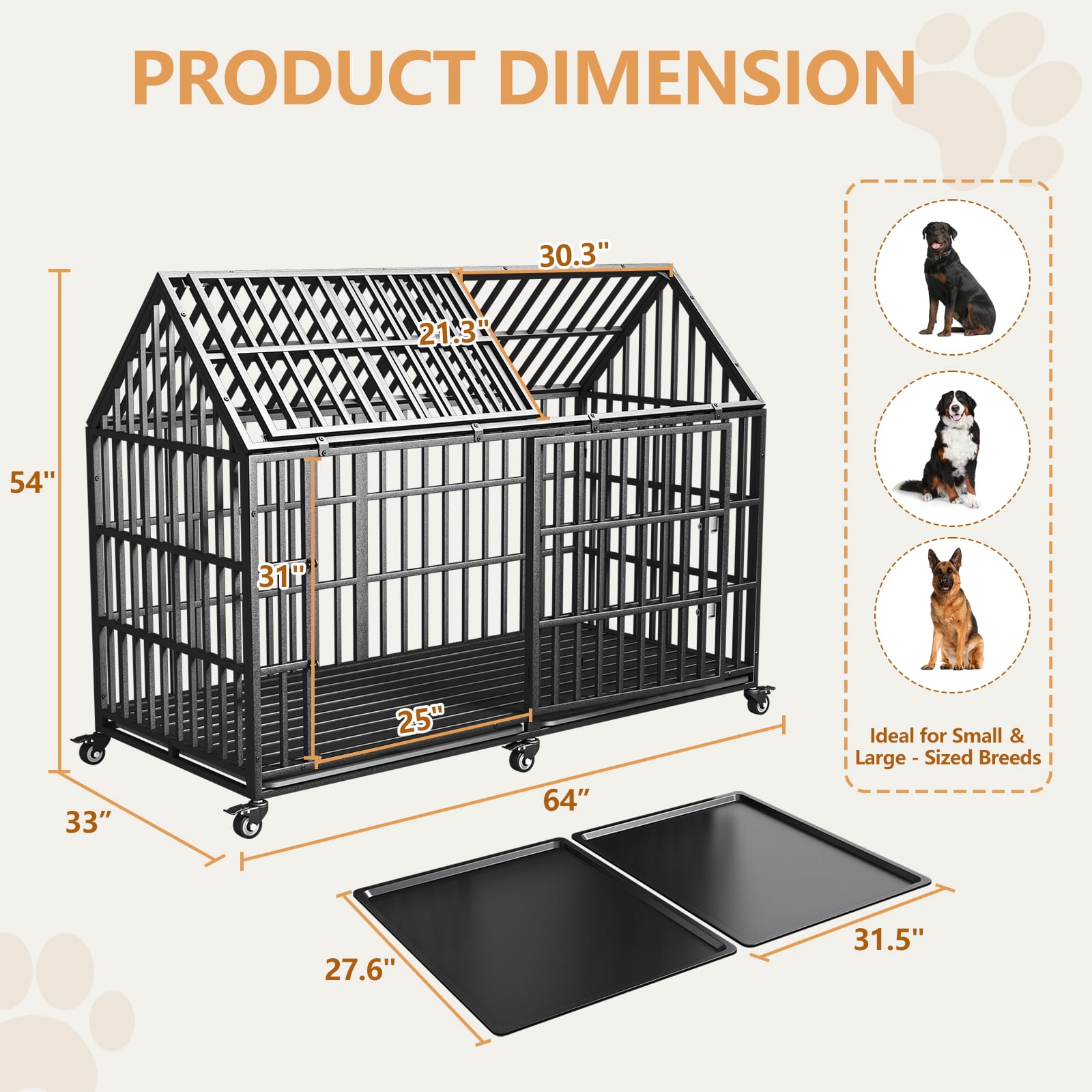 64'' Heavy Duty Dog Crate, Extra Large Dog Cage for Large Dogs, Indestructible Dog Crate, Dog Kennel Indoor for Two Dogs
