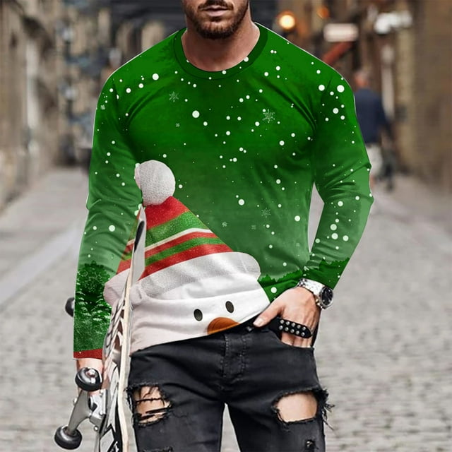 Blusas y camisas de manga larga y cuello redondo para hombre, informales, a la moda, con estampado navideño, cuello redondo, blusas de licra de manga larga para hombre.